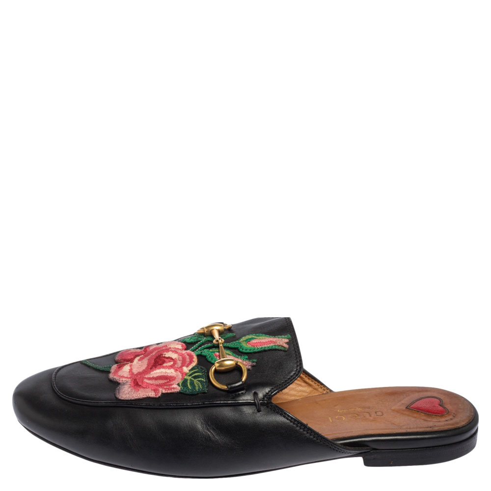 

Gucci Black Leather Princetown Flower Embroidered Flat Mules Size