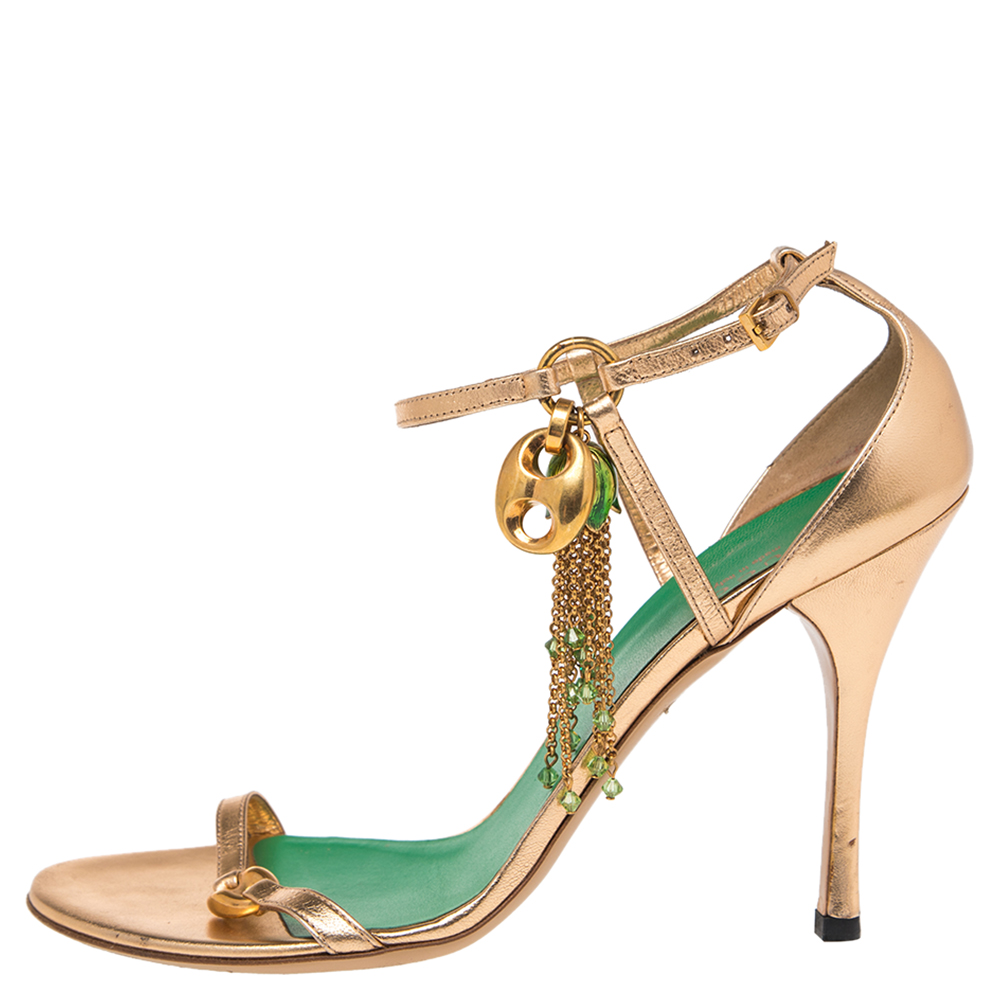 

Gucci Metallic Gold Leather Charm Sandals Size