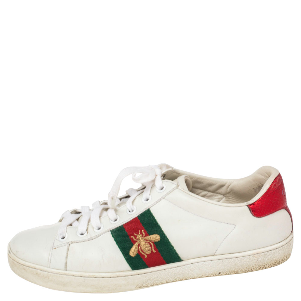 

Gucci White Leather And Snakeskin Ace Low Top Sneakers Size