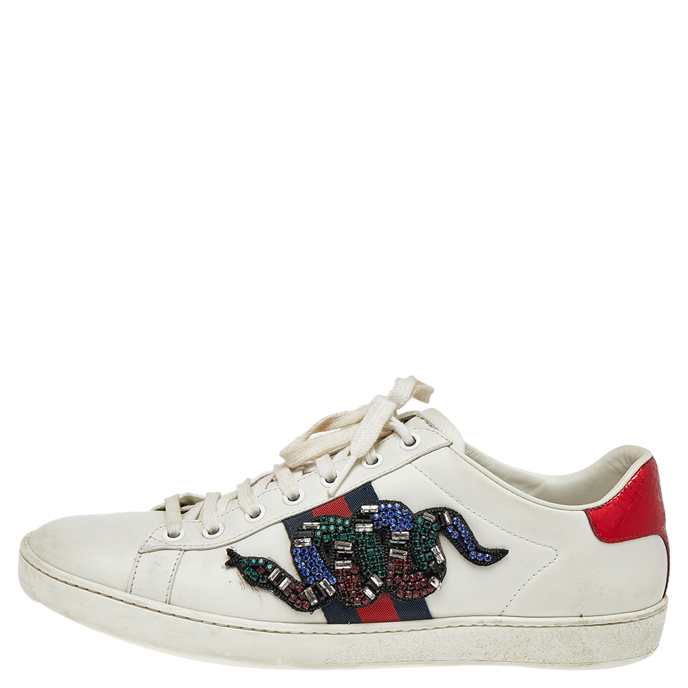 

Gucci White Leather And Canvas Ace Embroidered Sneakers Size