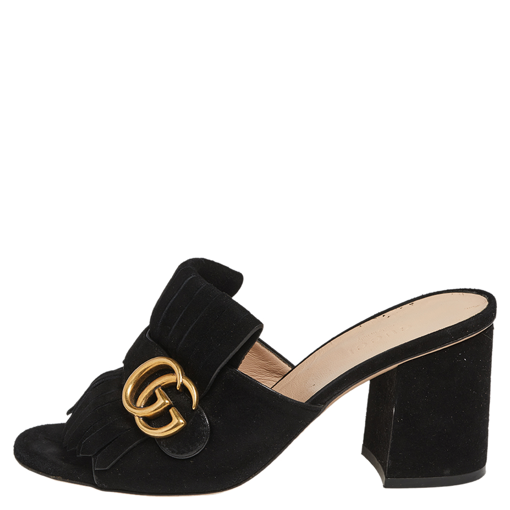 

Gucci Black Suede GG Marmont Fringe Sandals Size