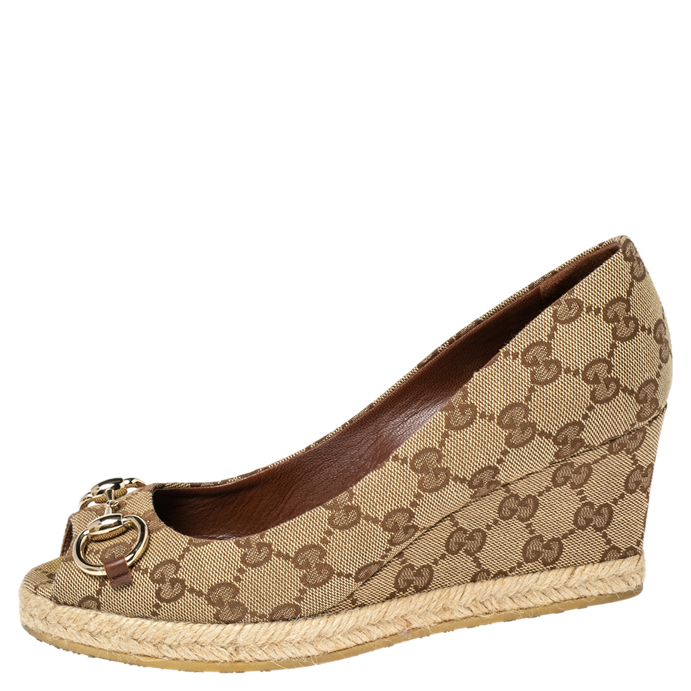 

Gucci Beige GG Canvas Charlotte Horsebit Wedge Pumps Size