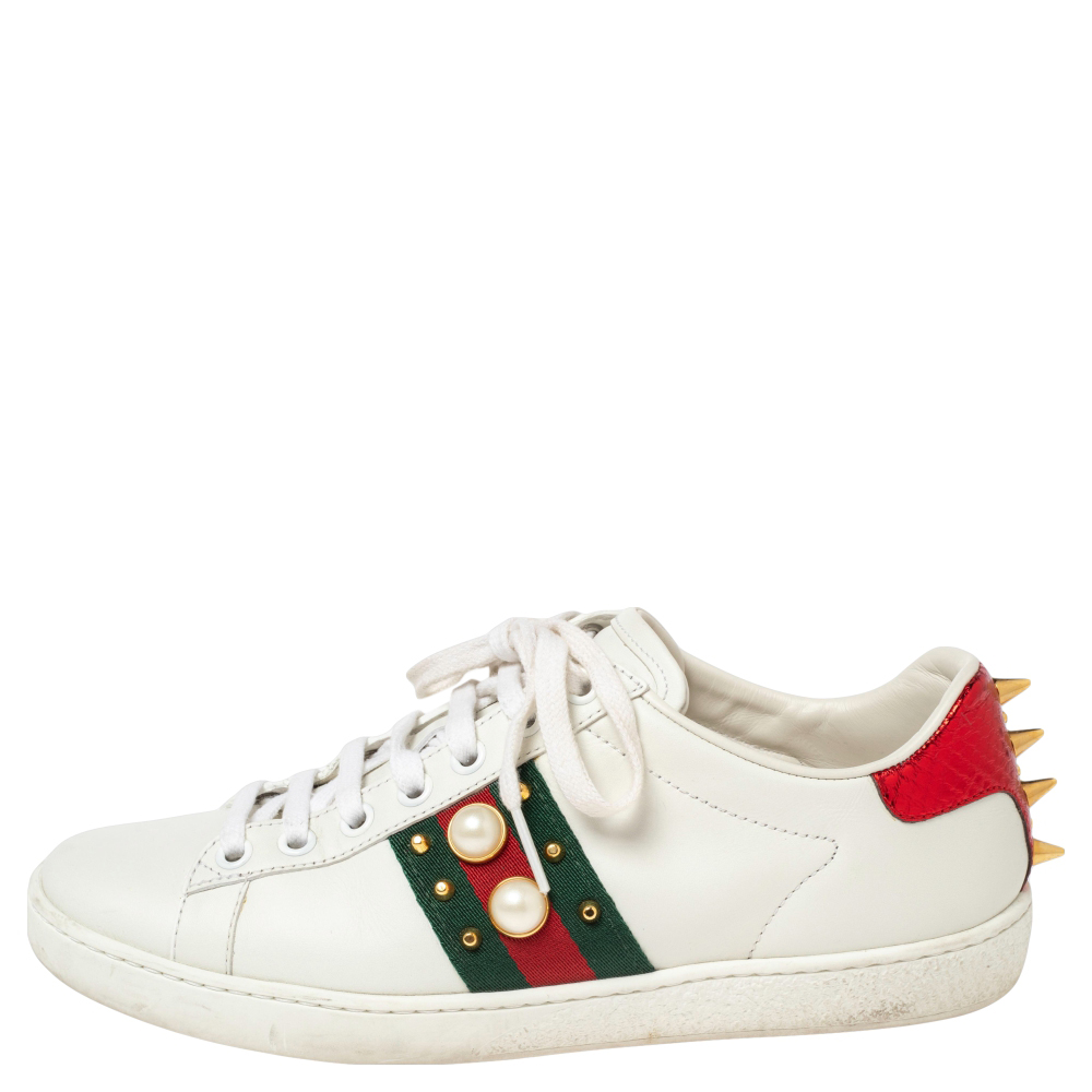 

Gucci White Leather Ace Faux Pearl Embellished Low Top Sneakers Size