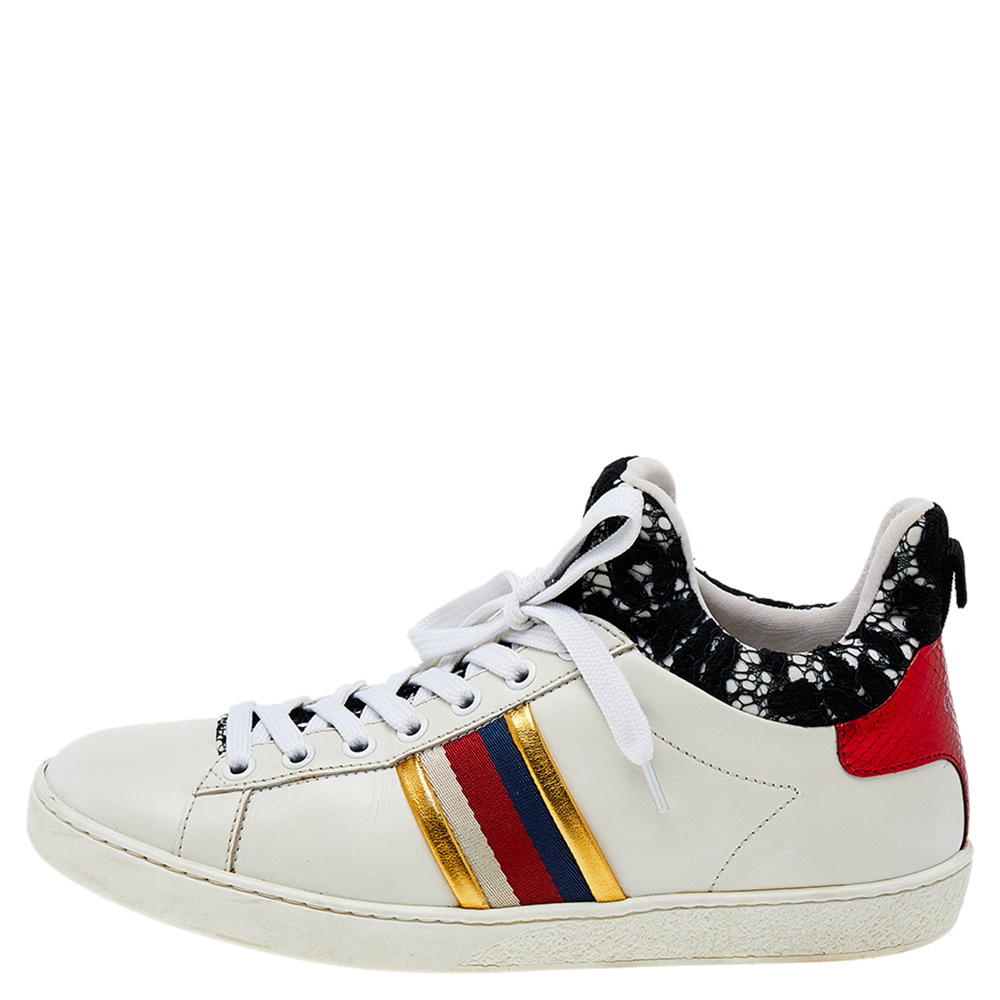 

Gucci White/Black Leather And Lace Ace High Top Sneakers Size