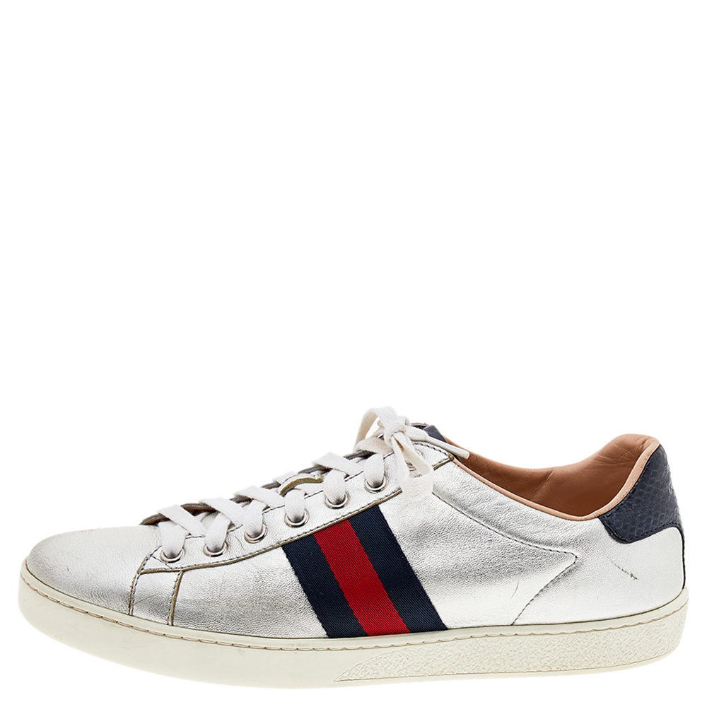 

Gucci Silver Leather And Snakeskin Ace Low Top Sneakers Size