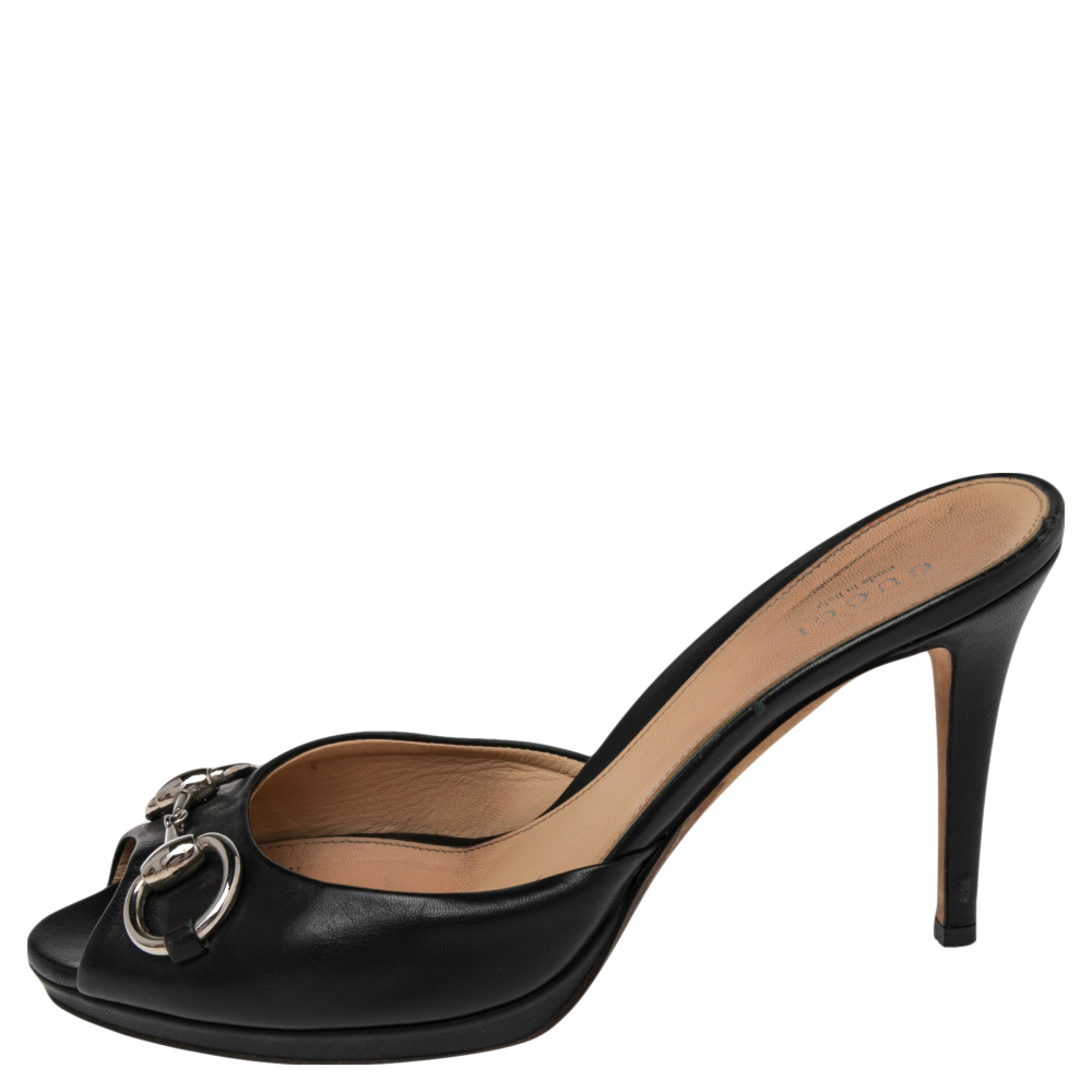 

Gucci Black Leather New Hollywood Horsebit Slides Size