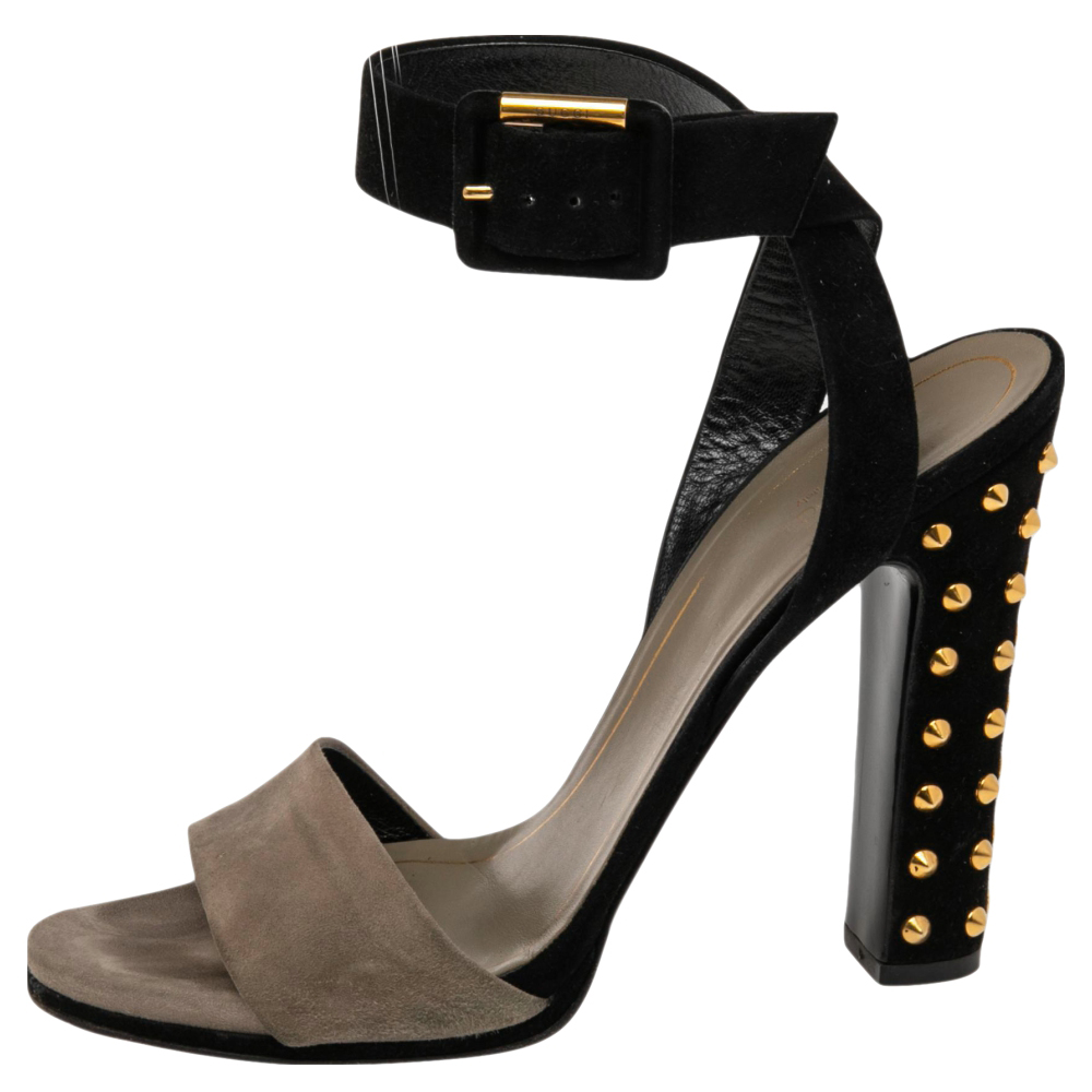 

Gucci Grey/Black Suede Madison Studded Block Heel Sandals Size