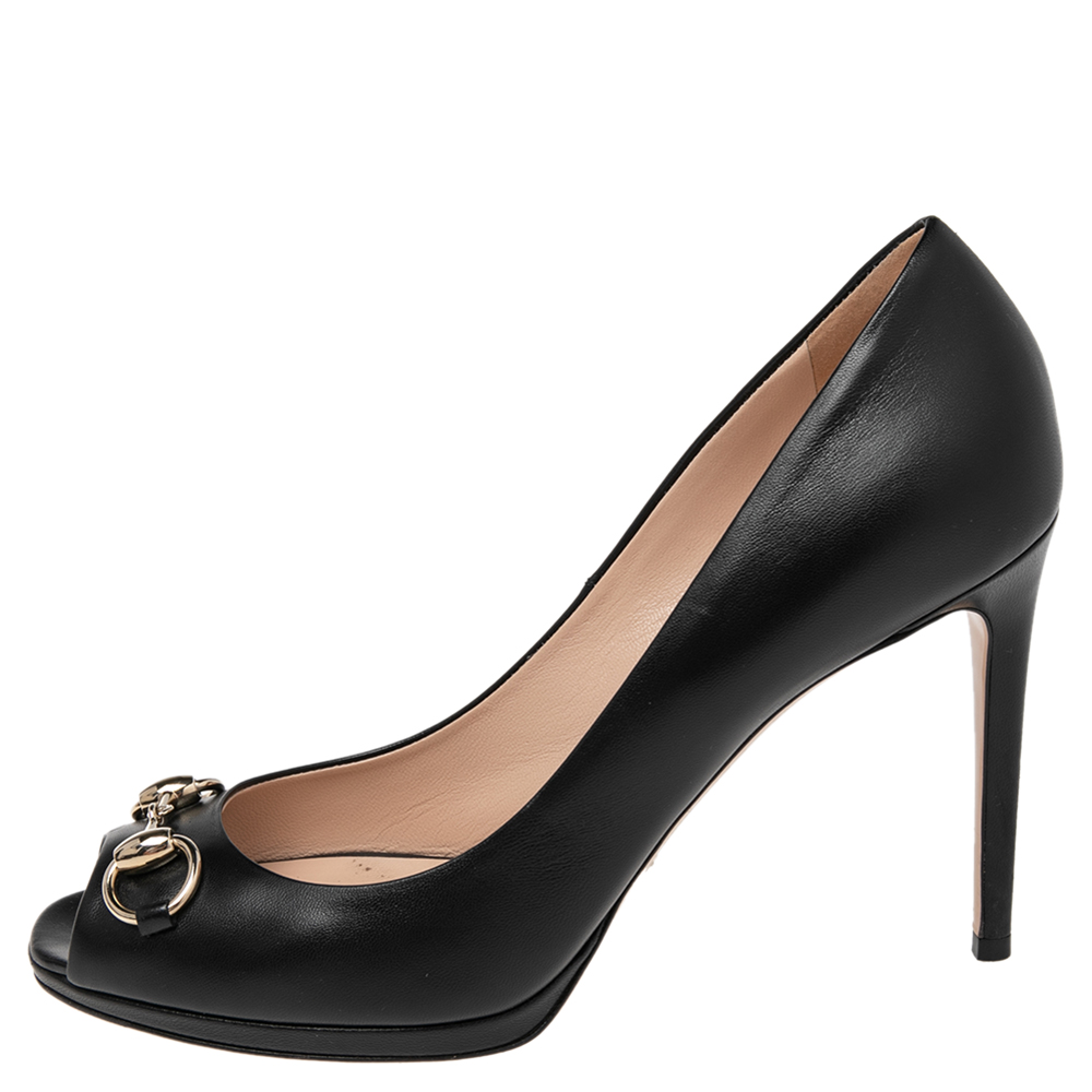 

Gucci Black Leather Jolene Horsebit Peep Toe Pumps Size