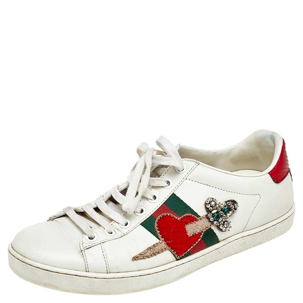 

Gucci White Leather Ace Appliqué Embellished Low Top Sneakers Size