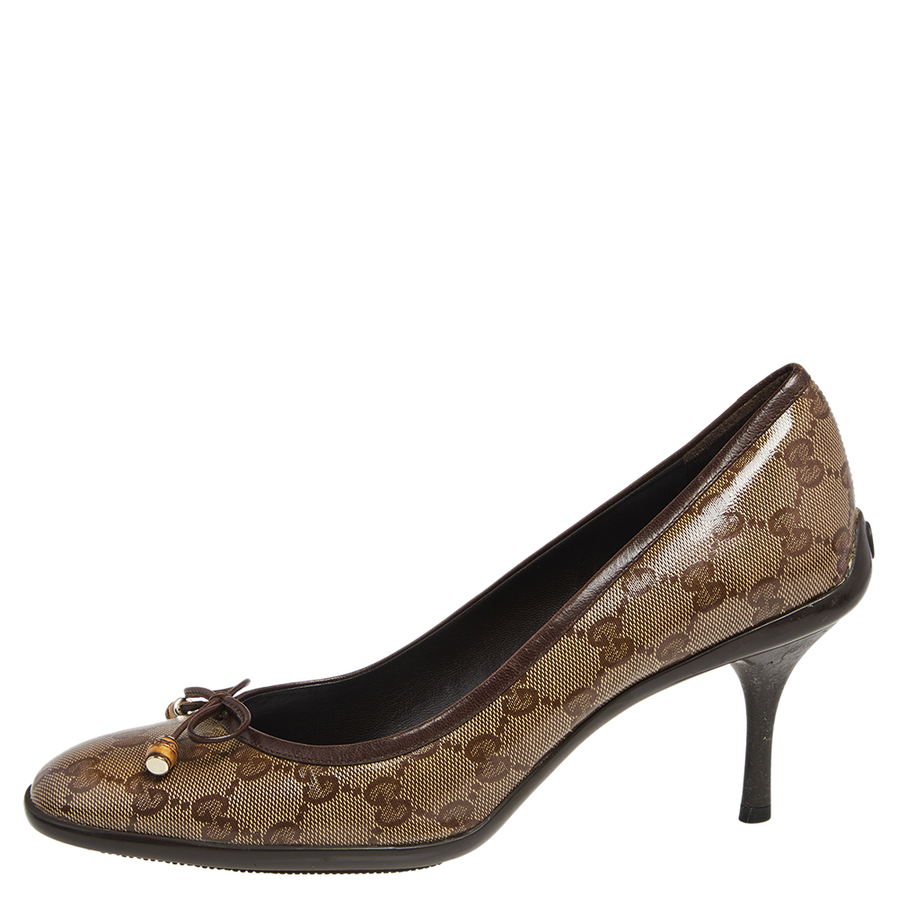 

Gucci Brown/Beige GG Crystal Canvas Bow Round Toe Pumps Size