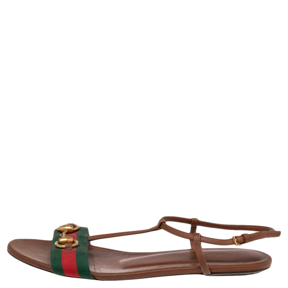 

Gucci Brown Leather Web Detail Liliana Horsebit Flat Sandals Size