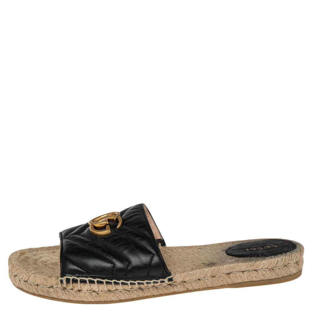 

Gucci Black Leather GG Marmont Pilar Espadrilles Slides Size