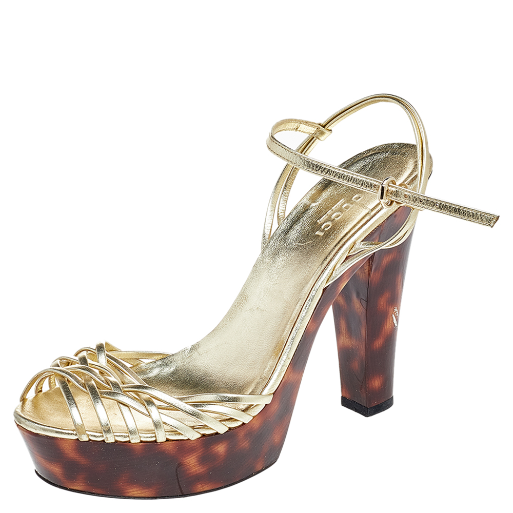 

Gucci Metallic Gold Leather Strappy Platform Sandals Size
