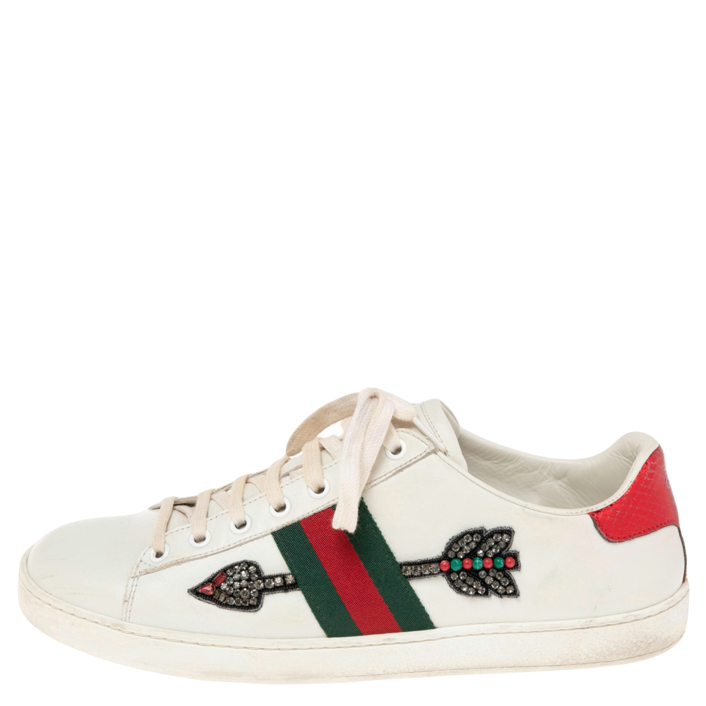 

Gucci White Leather Crystal Embellished Arrow Ace Low Top Sneakers Size