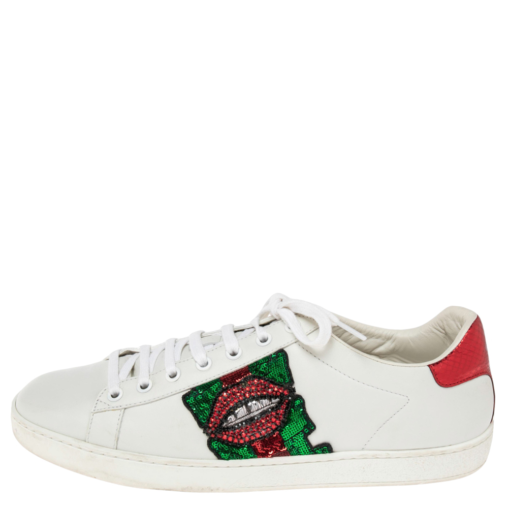 

Gucci White Leather Sequins And Crystal Lips Ace Low Top Sneakers Size