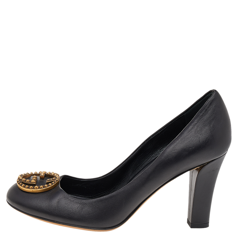 

Gucci Black Leather Studded GG Block Heel Pumps Size