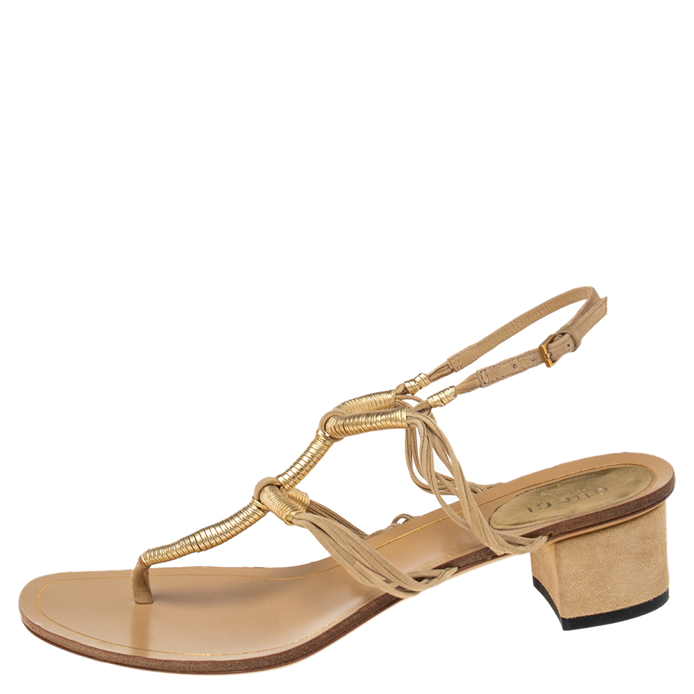 

Gucci Gold Leather and Suede Thong Gladiator Block Heel Sandals Size, Beige