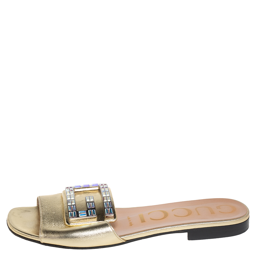 

Gucci Gold Leather Crystal Embellished Flats Size