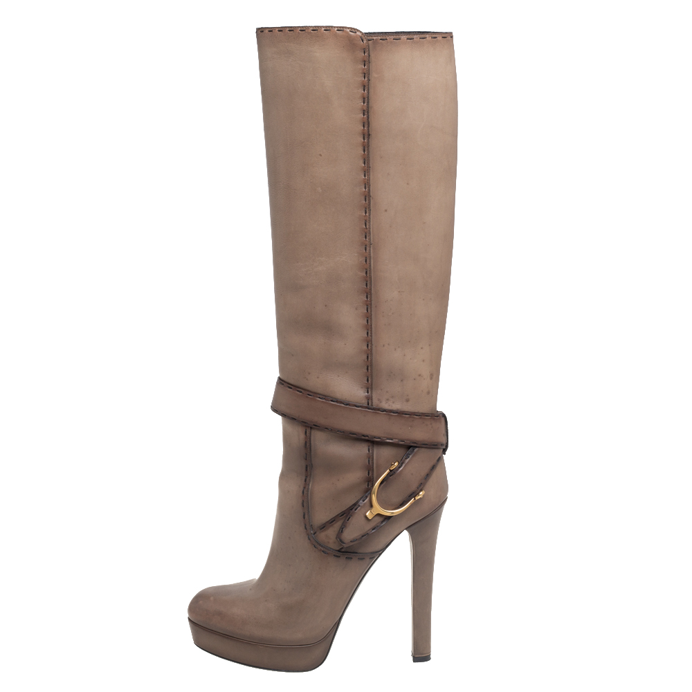 

Gucci Beige Leather Knee Length Buckle Detail Boots Size