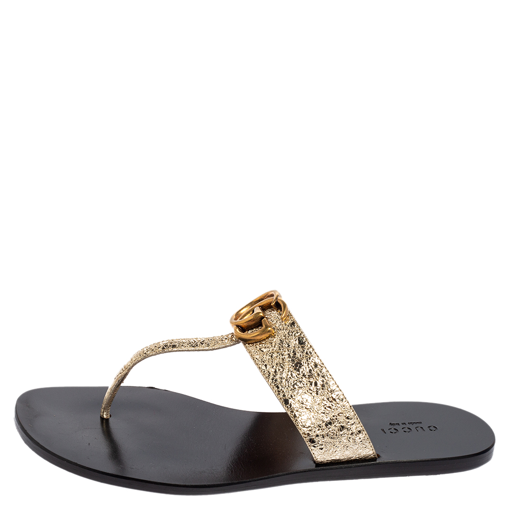 

Gucci Metallic Gold Crinkled Leather GG Marmont Thong Sandals Size