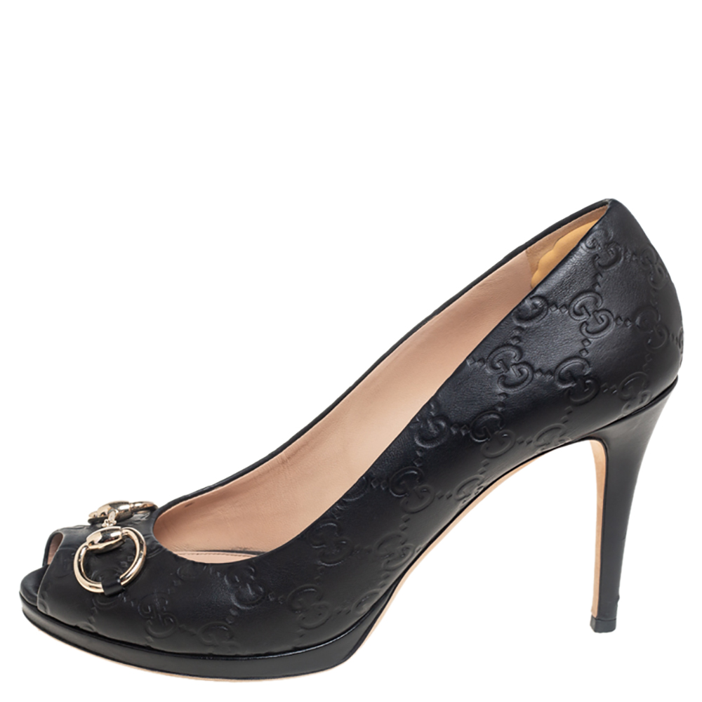 

Gucci Black Guccissima Leather Horsebit Peep Toe Pumps Size
