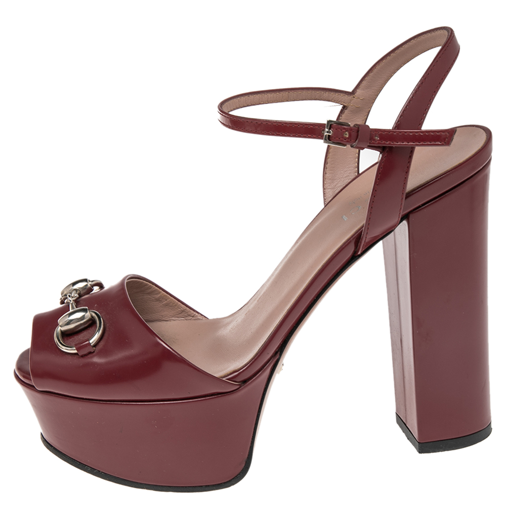 

Gucci Burgundy Leather Claudie Horsebit Peep Toe Platform Sandals Size