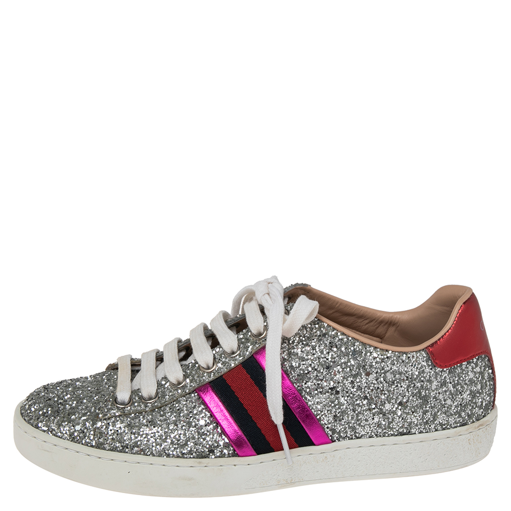 

Gucci Silver Glitter And Leather Ace Web Low Top Sneakers Size