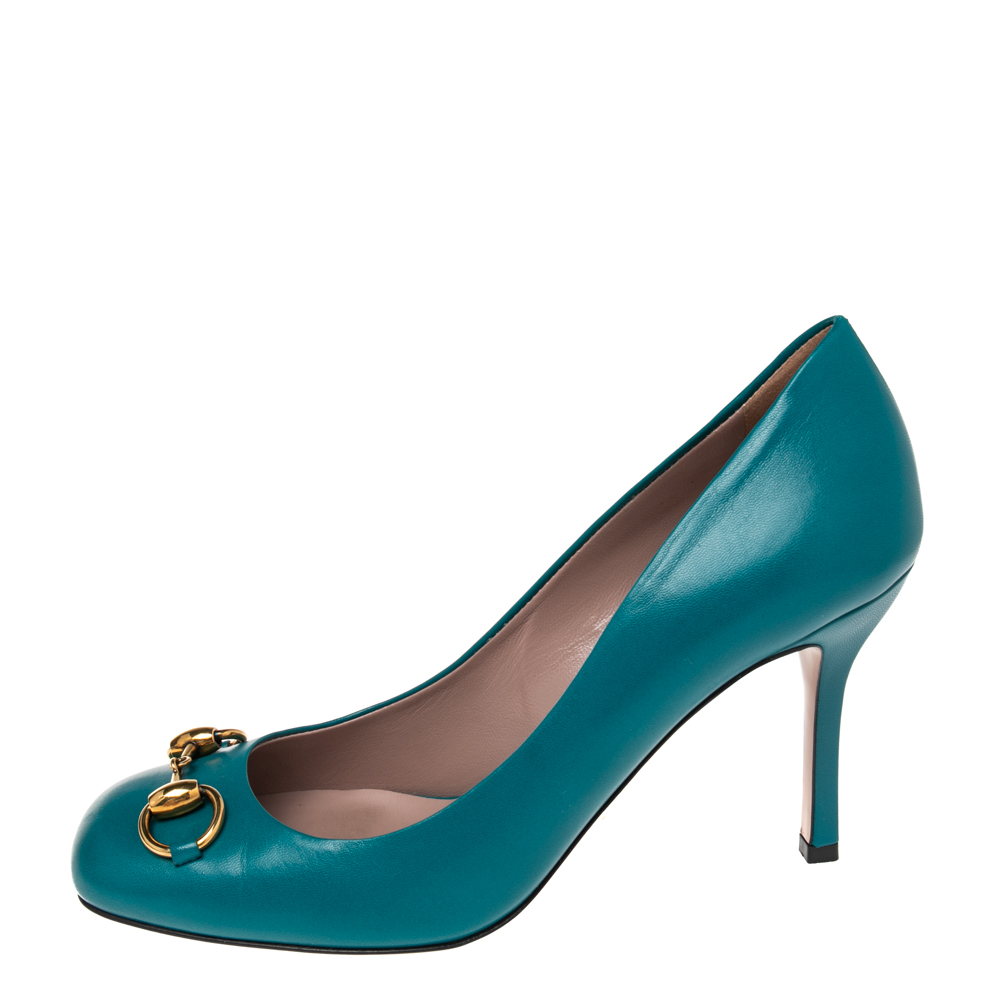 

Gucci Blue Leather Jolene Horsebit Pumps Size