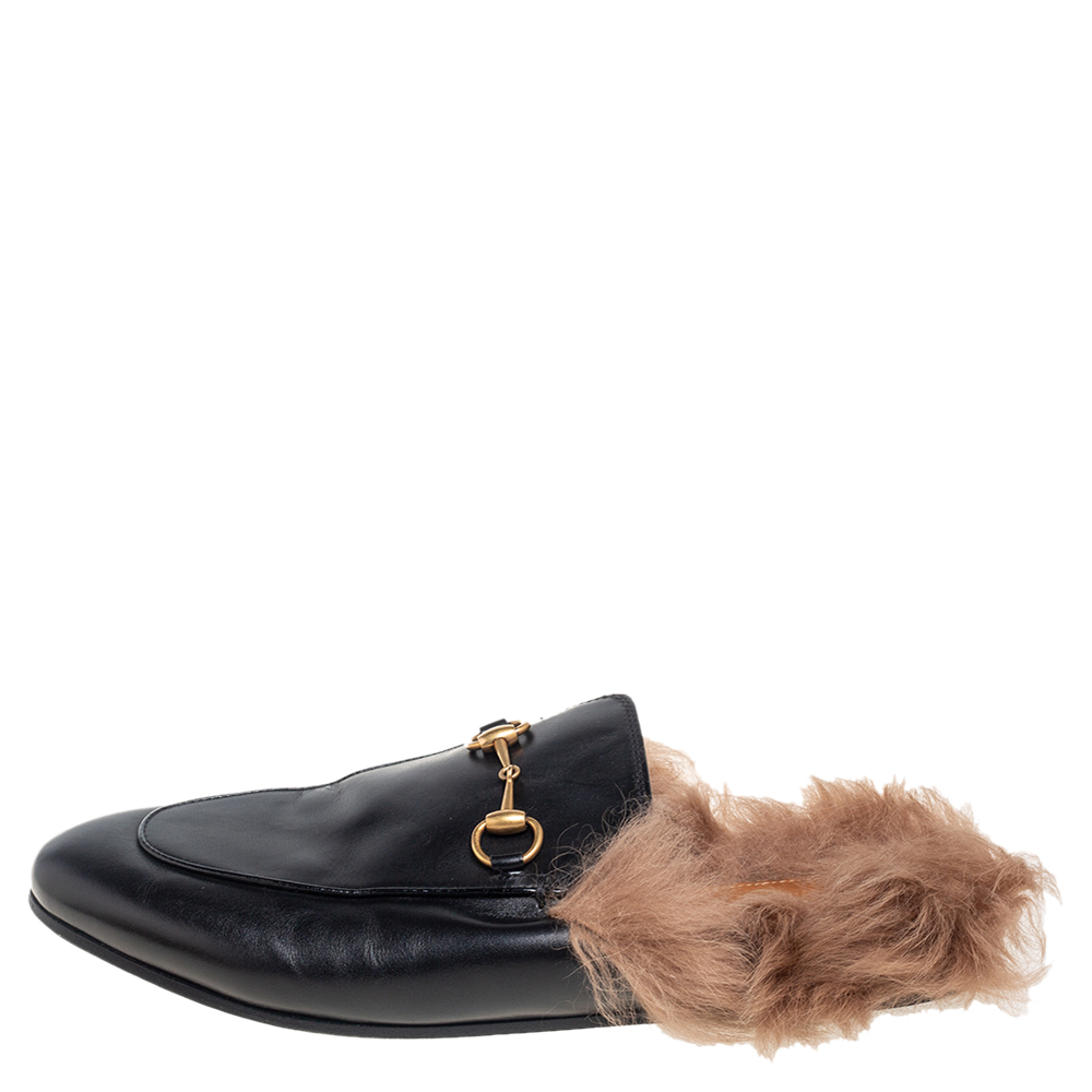 

Gucci Black Leather And Fur Princetown Mule Sandals Size