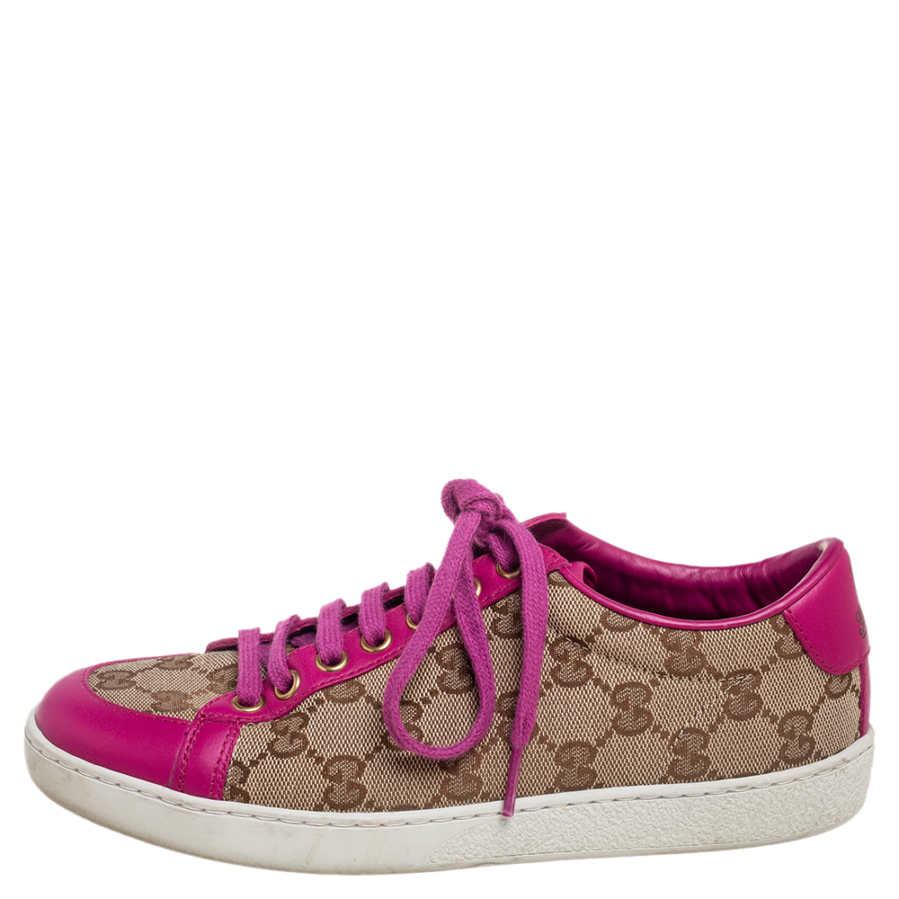 

Gucci Beige/Pink Leather And GG Supreme Canvas Low Top Sneakers Size