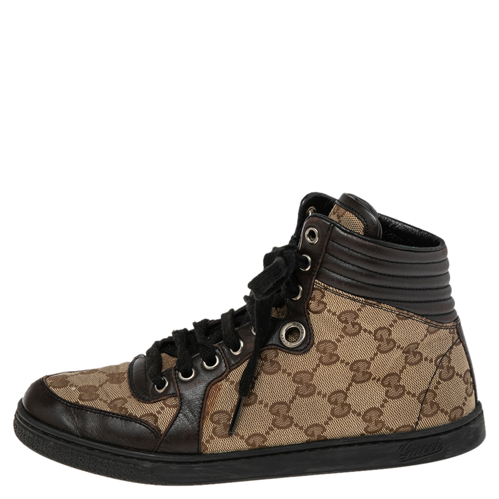 

Gucci Brown/Beige GG Canvas and Leather Lace Up High Top Sneakers Size