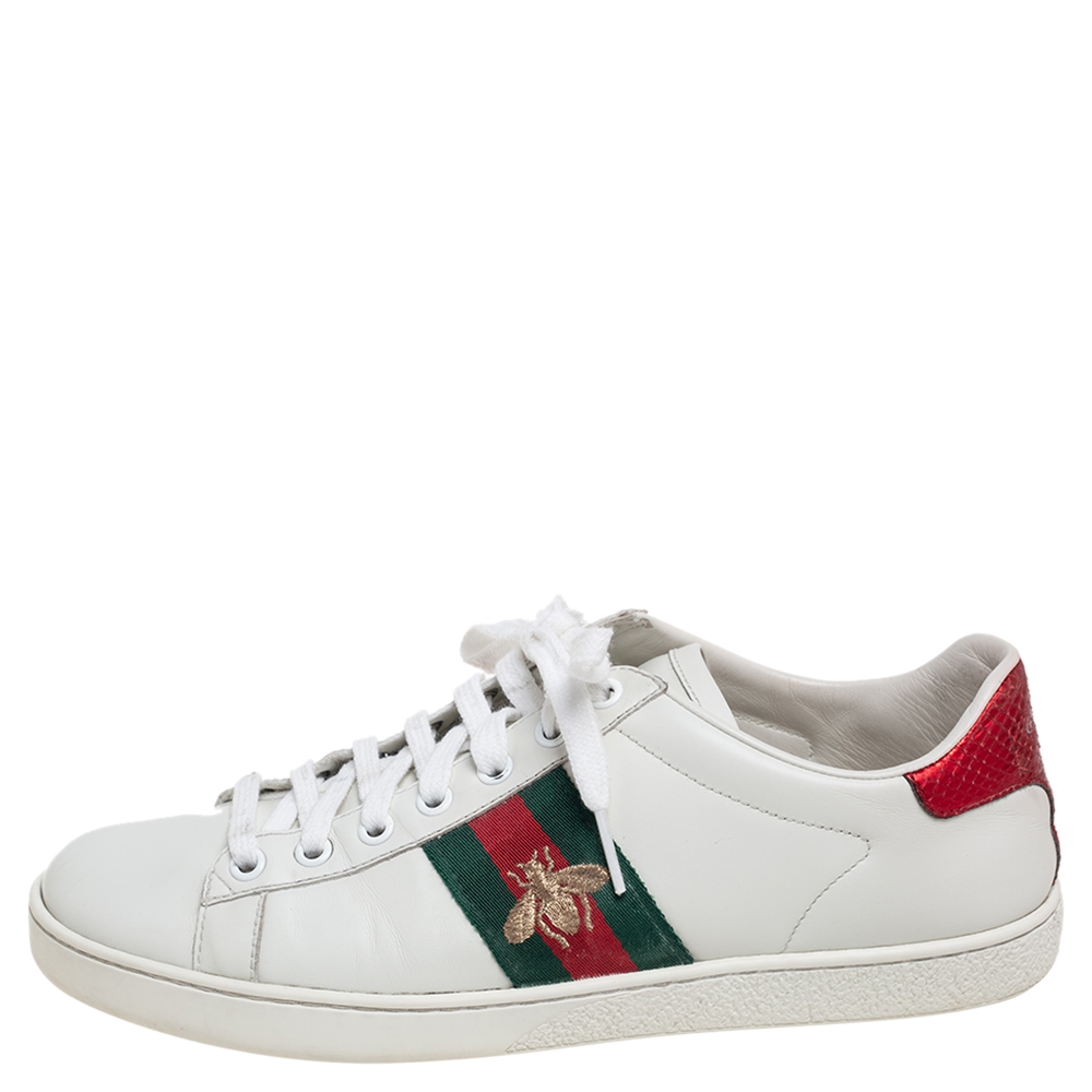 

Gucci White Leather Embroidered Bee Ace Low-Top Sneakers Size