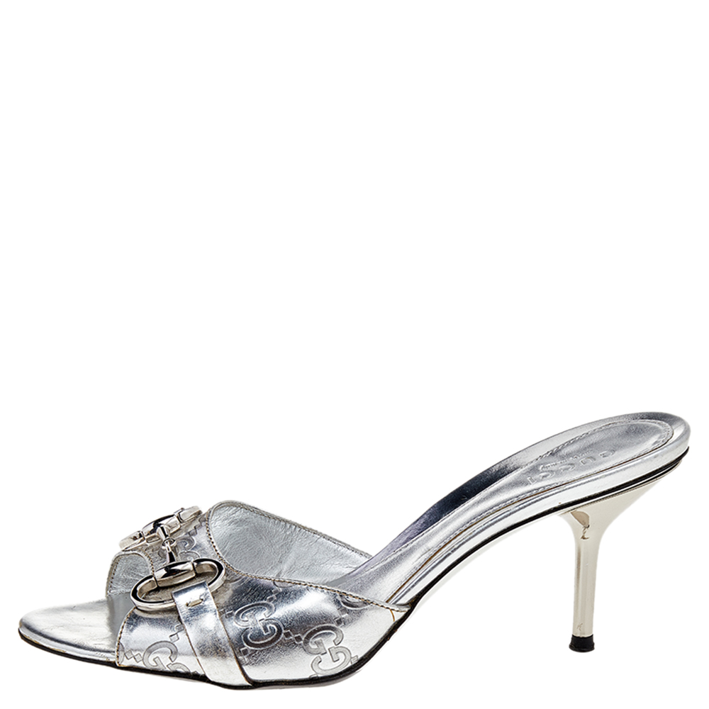 

Gucci Silver Guccissima Leather Horsebit Slide Sandals Size