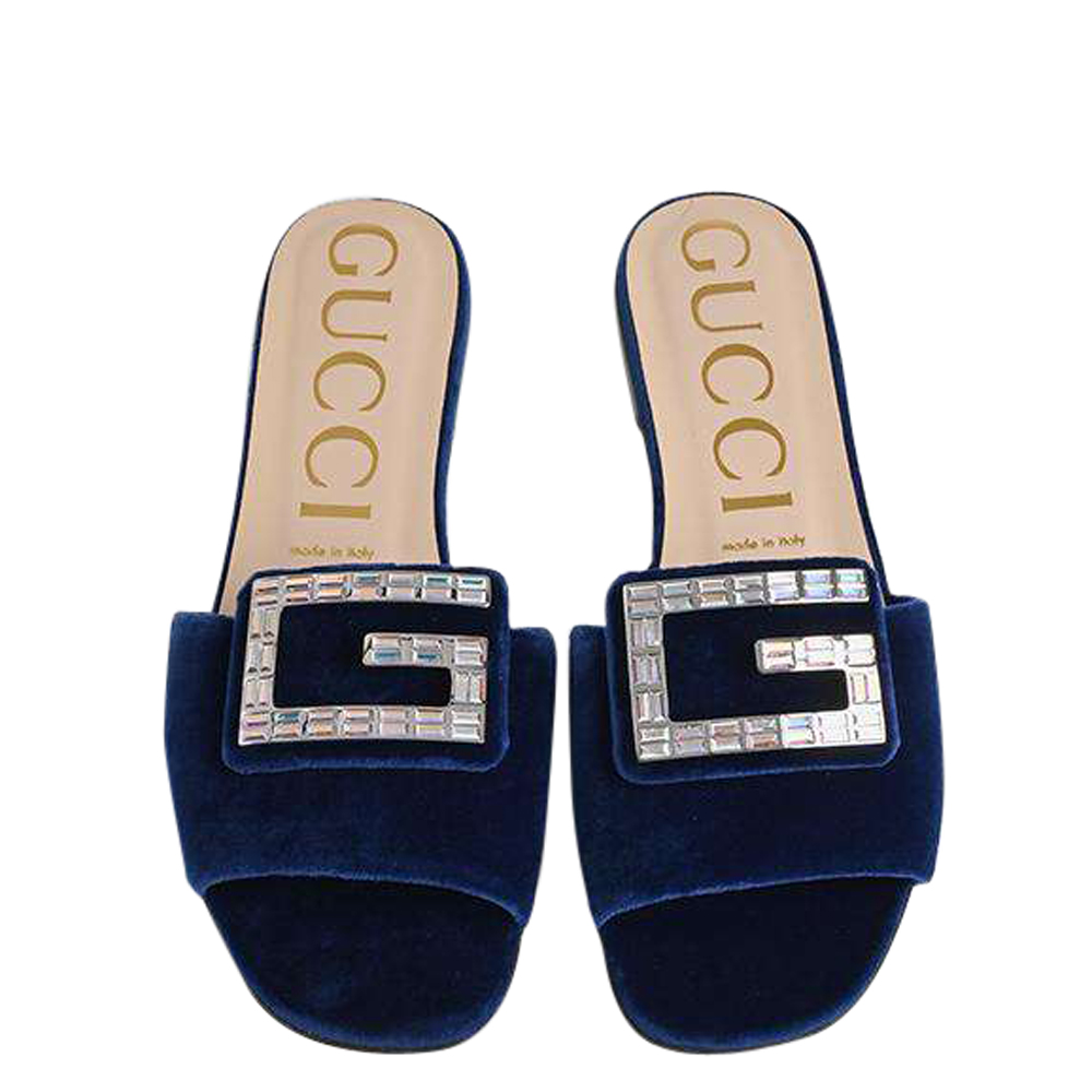 

Gucci Navy Velvet Crystal G Slide Sandals Size EU, Navy blue