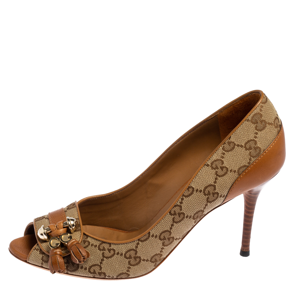 

Gucci Tan Leather And GG Canvas Marrakesh Peep Toe Pumps Size, Beige