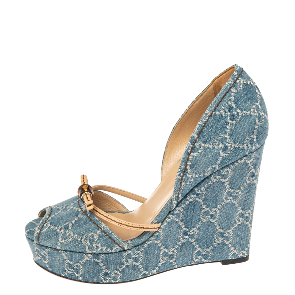 

Gucci Blue GG Canvas Bamboo Peep Toe D'orsay Wedge Sandals Size
