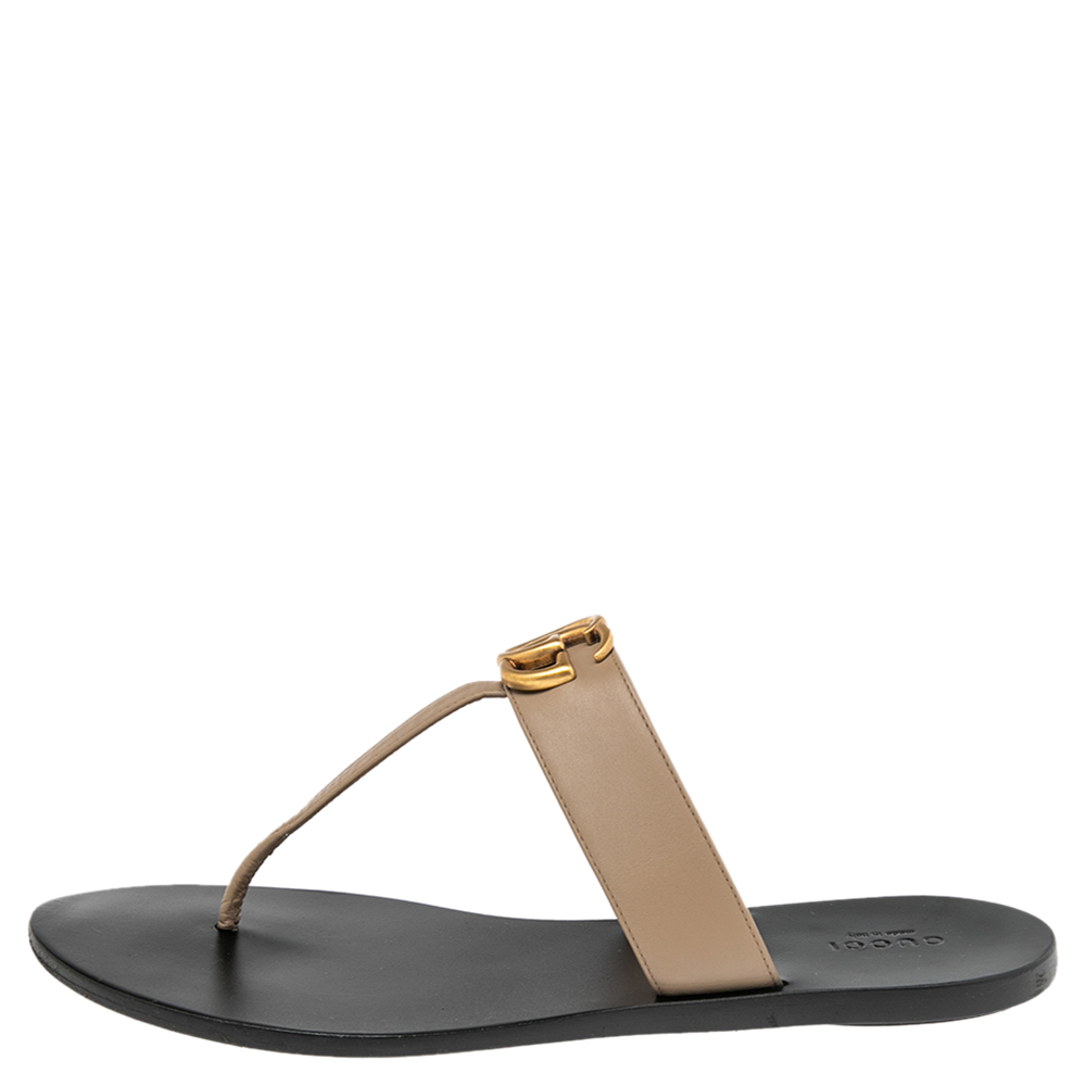 

Gucci Beige Leather Double G Thong Flat Sandals Size