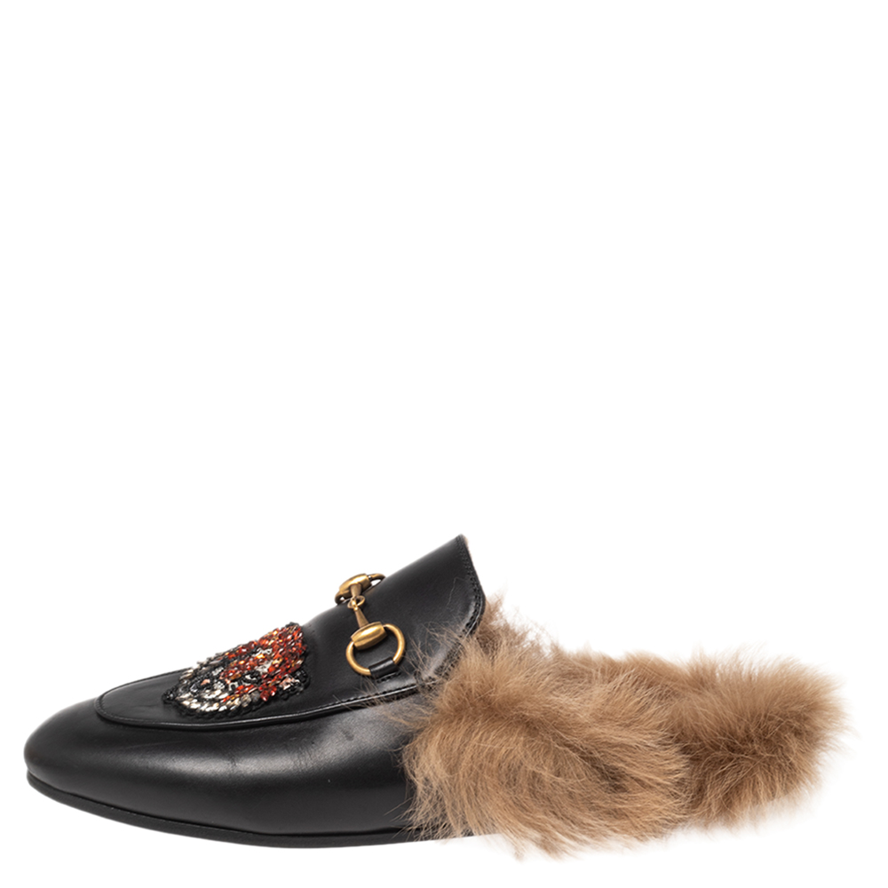 

Gucci Black Leather And Fur Tiger Princetown Horsebit Mules Size