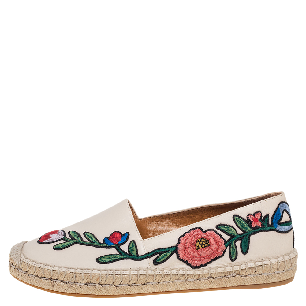 

Gucci Cream Floral Embroidered Leather Espadrille Flats Size, Beige