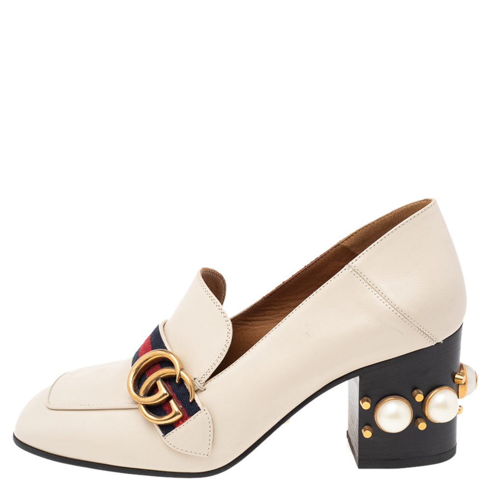 

Gucci Cream Leather Web GG Marmont Faux Pearl Embellished Loafer Pumps Size