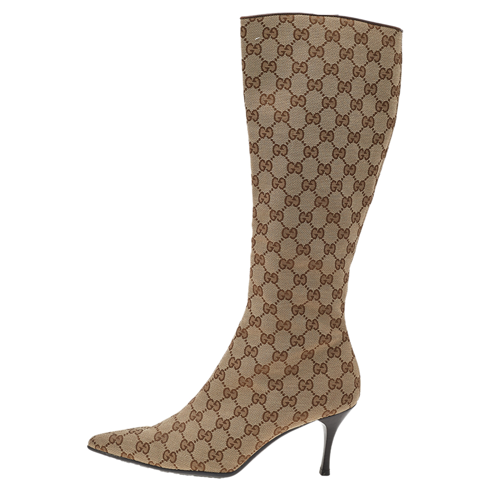 

Gucci Beige/Brown GG Canvas Pointed Toe Knee Length Boots Size