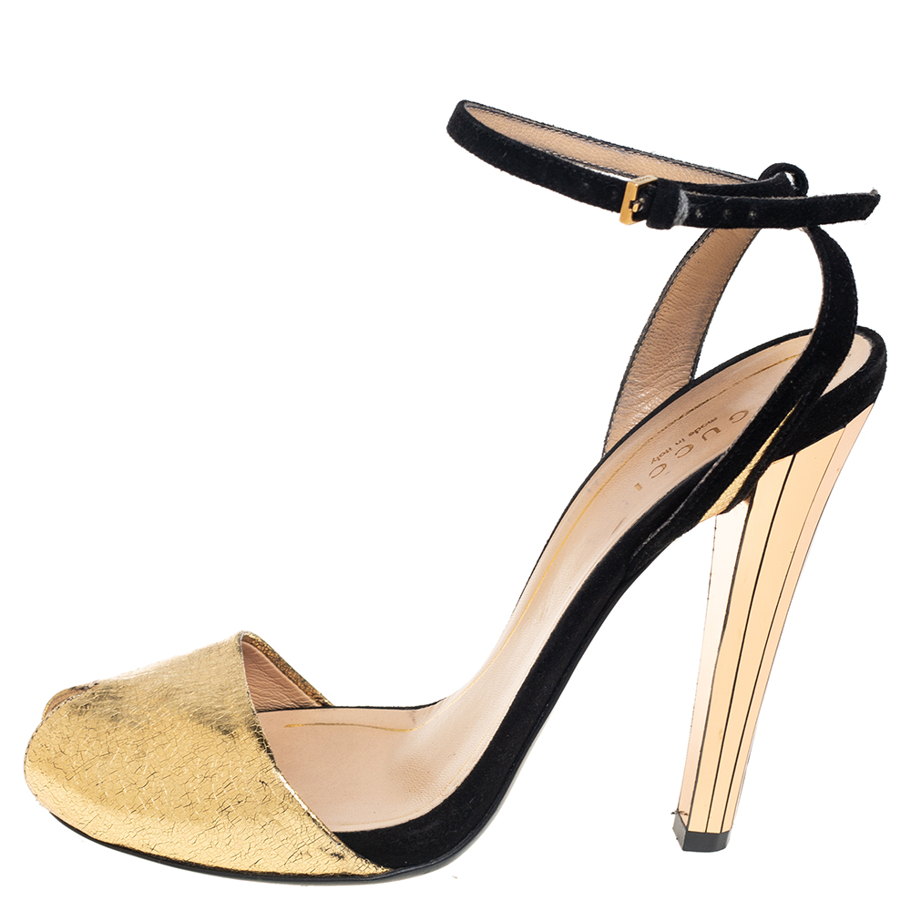 

Gucci Gold-Black Leather And Suede Delphine Ankle Strap Sandals Size