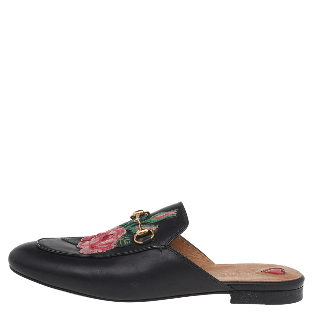 

Gucci Black Floral Embroidered Leather Princetown Mules Size