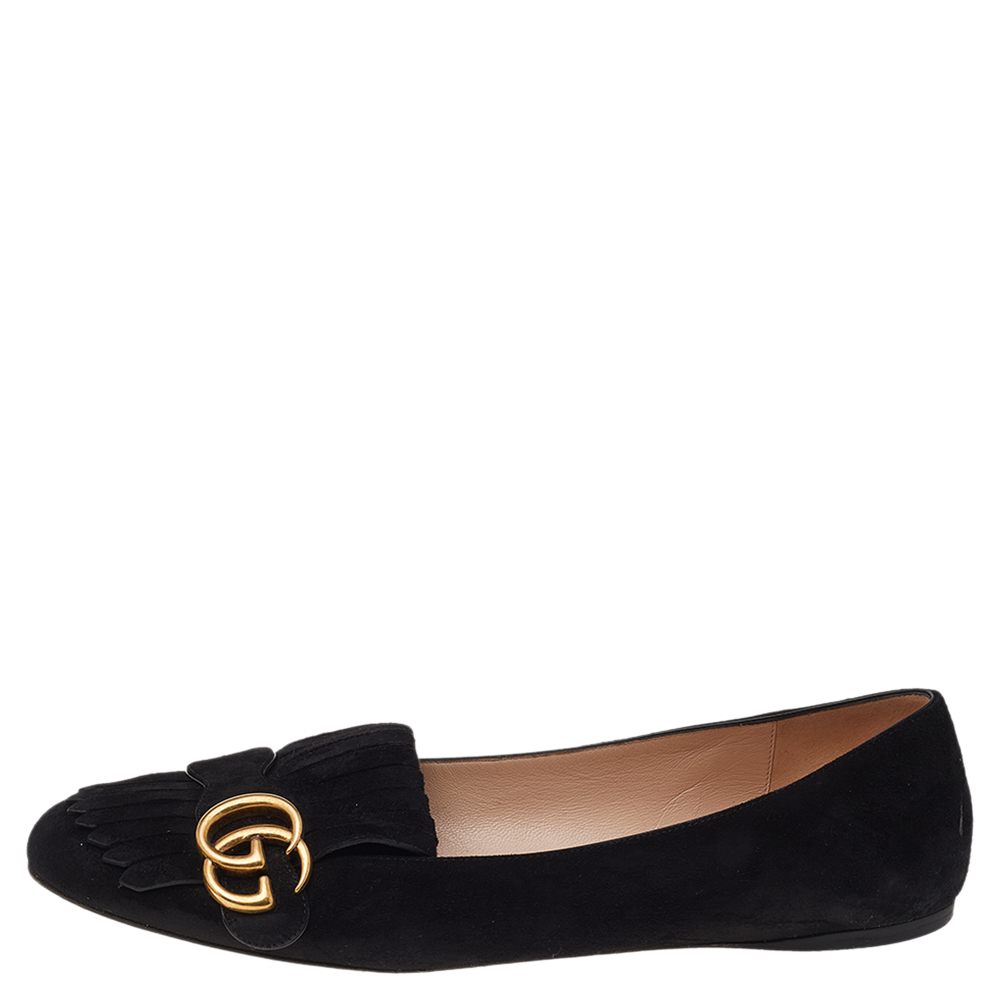 

Gucci Black Suede GG Marmont Fringe Detail Ballet Flats Size