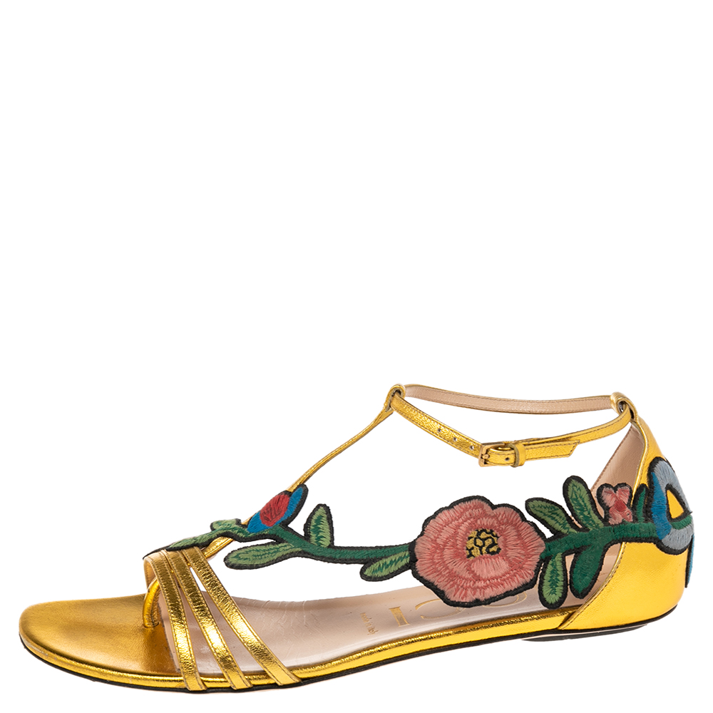 

Gucci Gold Leather Ophelia Floral Embroidered Flat Sandals Size