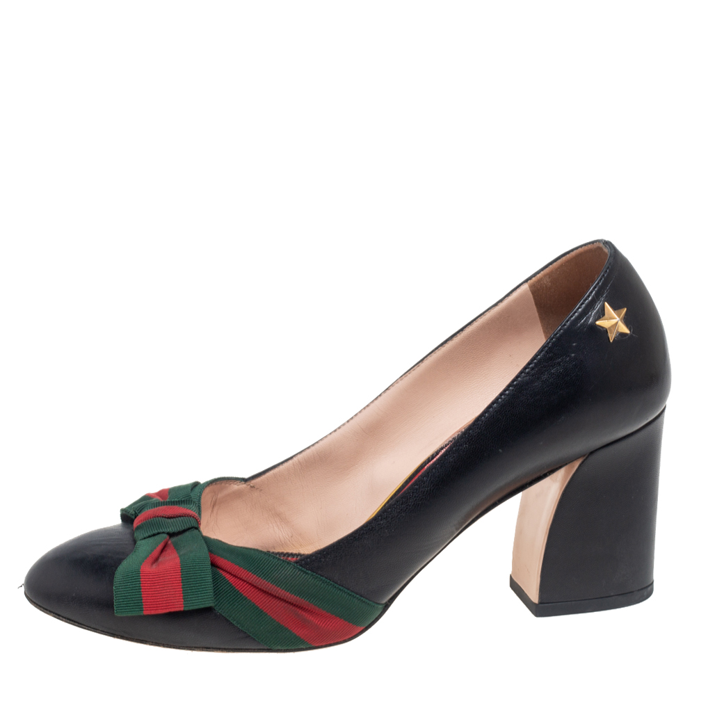 

Gucci Black Leather Web Bow Block Heel Pumps Size