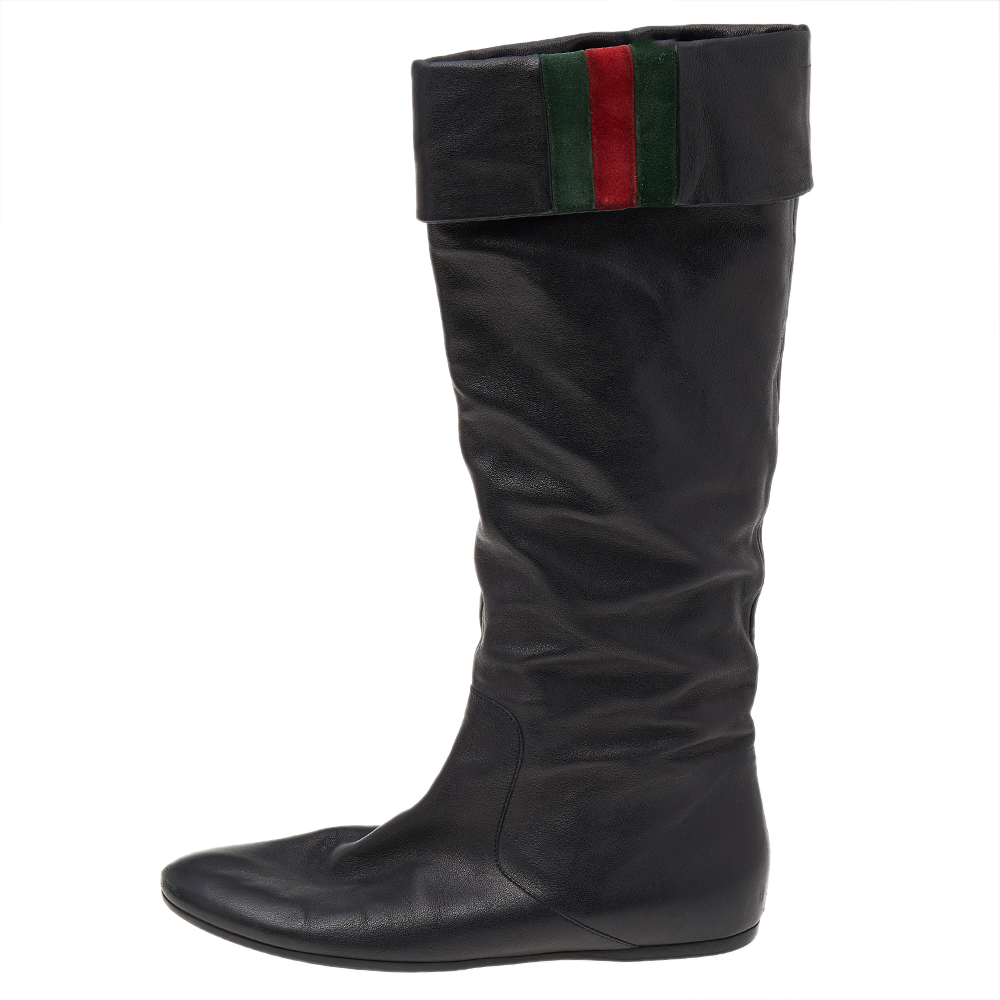 

Gucci Black Leather Sly Web Knee High Flat Boots Size