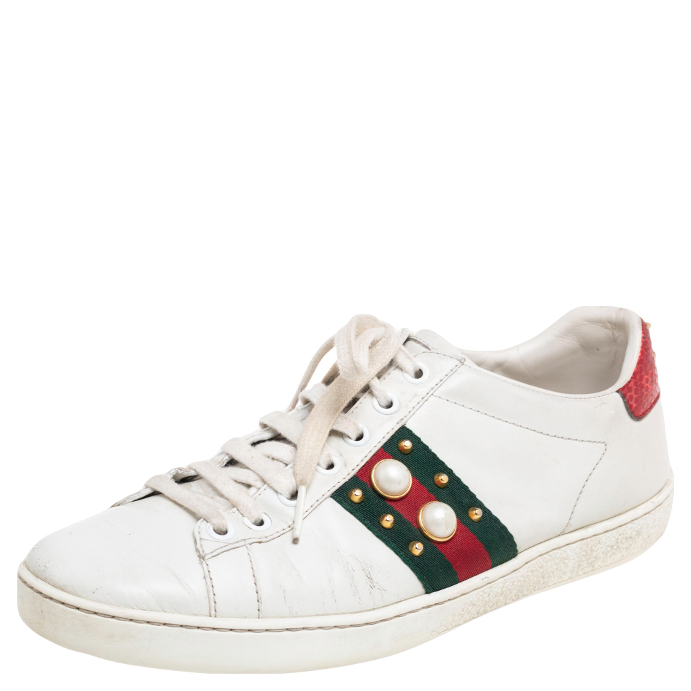 Gucci White Leather Python Embossed Web Detail New Ace Faux Pearl Embellished Low Top Sneakers Size 38
