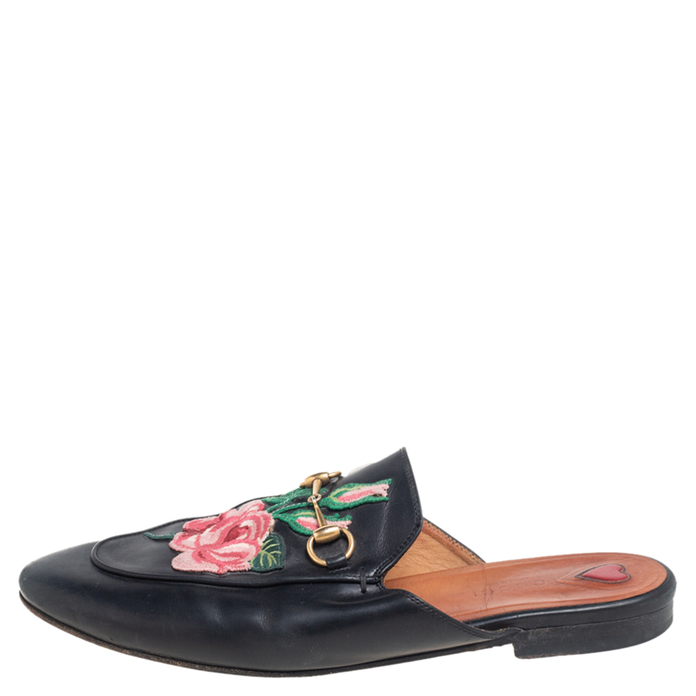 

Gucci Black Leather Rose Embroidered Princetown Horsebit Flat Mules Size