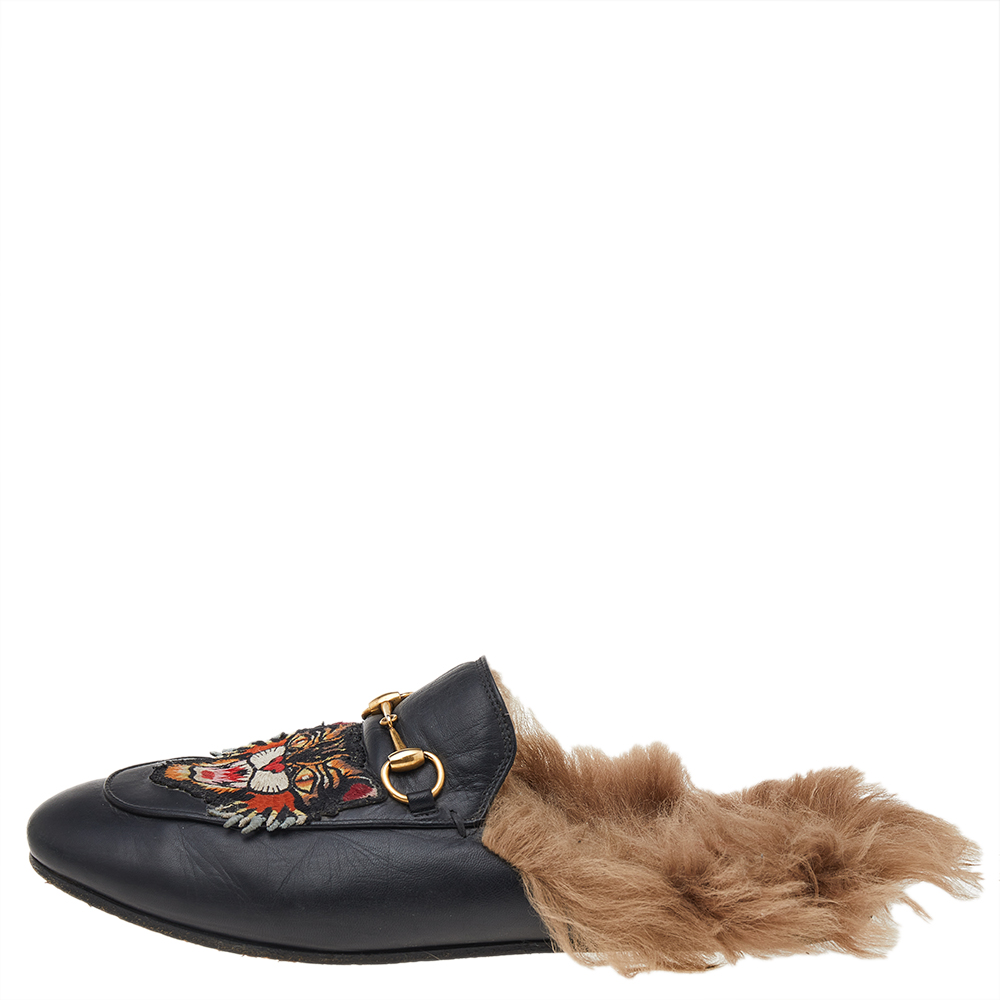 

Gucci Black Tiger Embroidered Leather And Fur Lined Princetown Mules Size